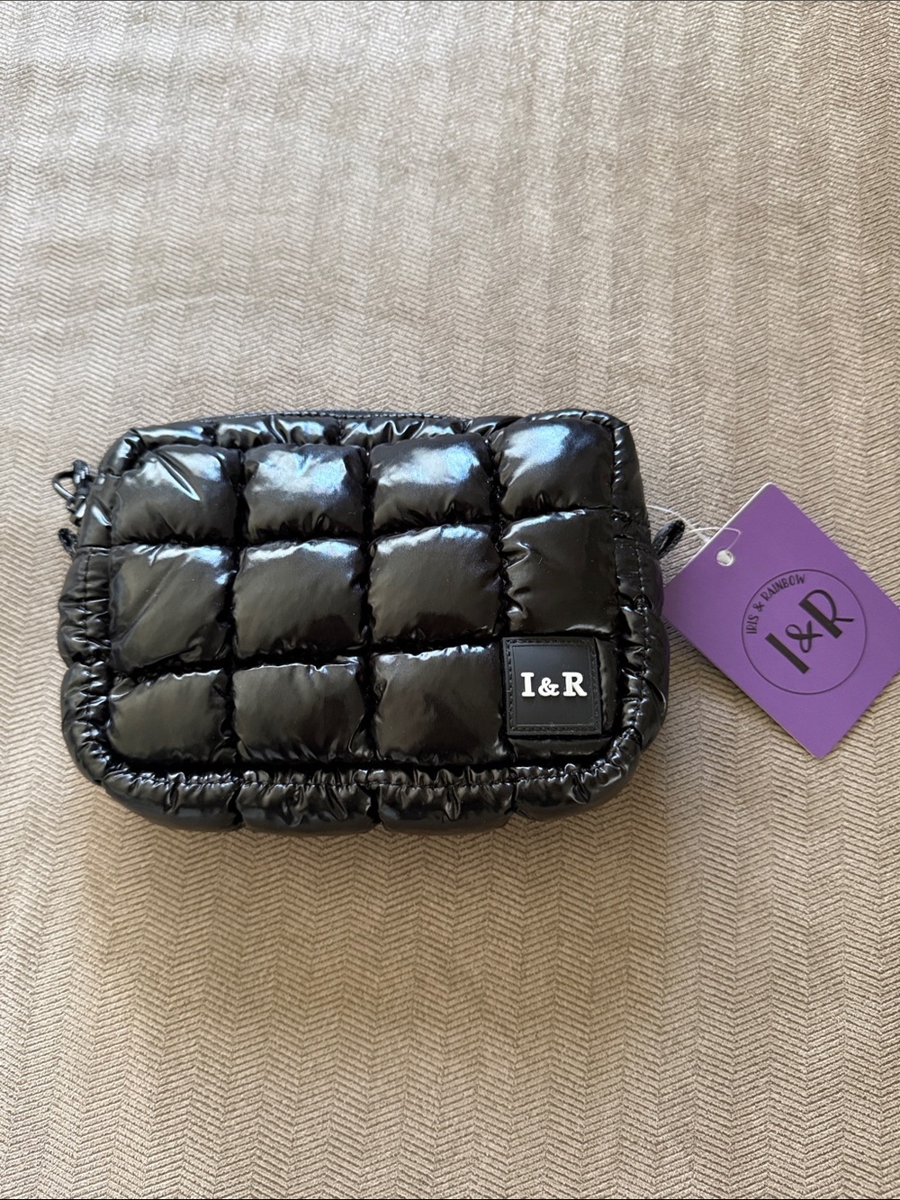 I&R Black Quilted Puffer Crossbody/Wristlet Bag with Glossy Finish - NWT!